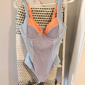 Stylish Orange and Blue One-Piece Swimsuit